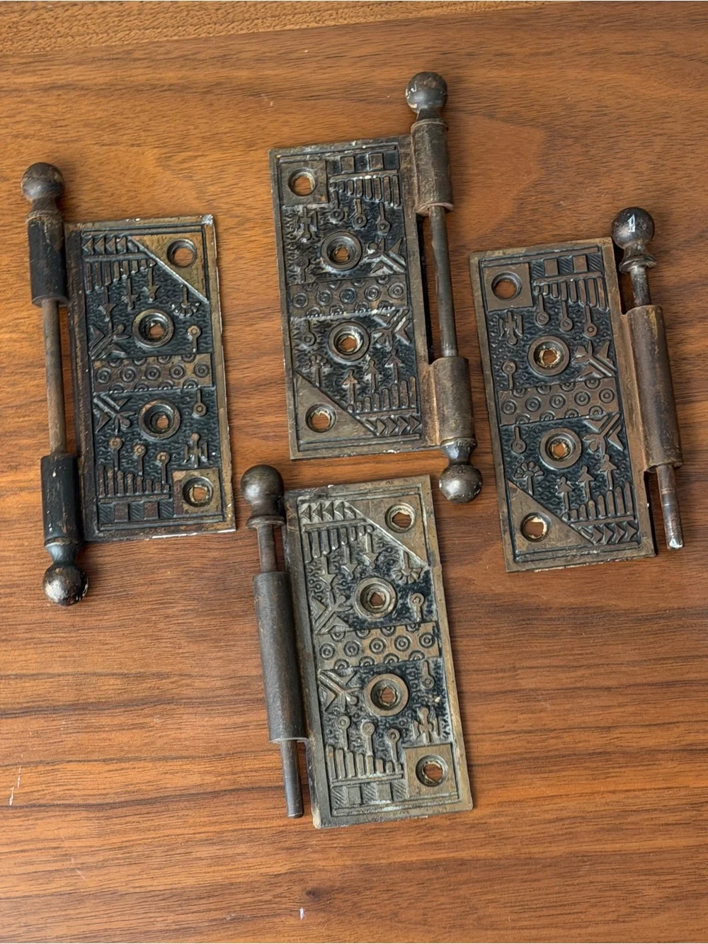 VTG Eastlake Ornate Cast Iron Hinges Pair w/ Ball Finial Pins Victorian Hardware